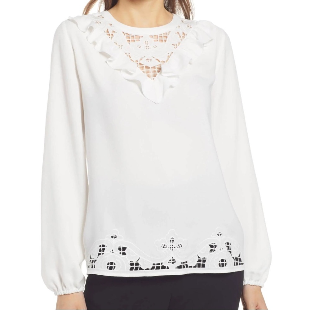 Halogen Long Sleeved Eyelet Detail Top Blouse Cloud Size XS NWT